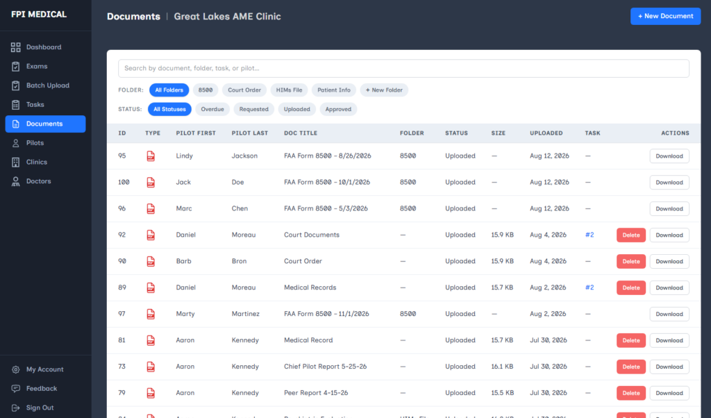 A dashboard displays a list of uploaded documents for Great Lakes AME Clinic, showing file details, upload dates, statuses, and options to download or delete each file.