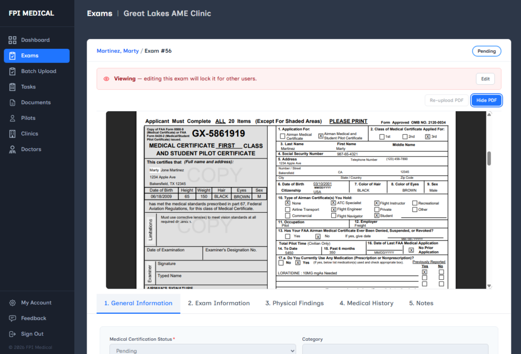 A digital dashboard displays a pending medical exam form for Marty Martinez, showing a scanned FAA Medical Certificate with fields filled out and sections for additional exam information below.