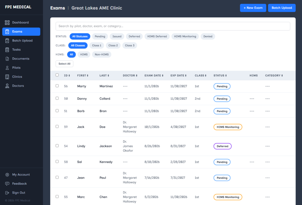A medical exam management dashboard displays a list of exams with candidate names, doctors, dates, exam IDs, statuses, class, and category filters on the left.