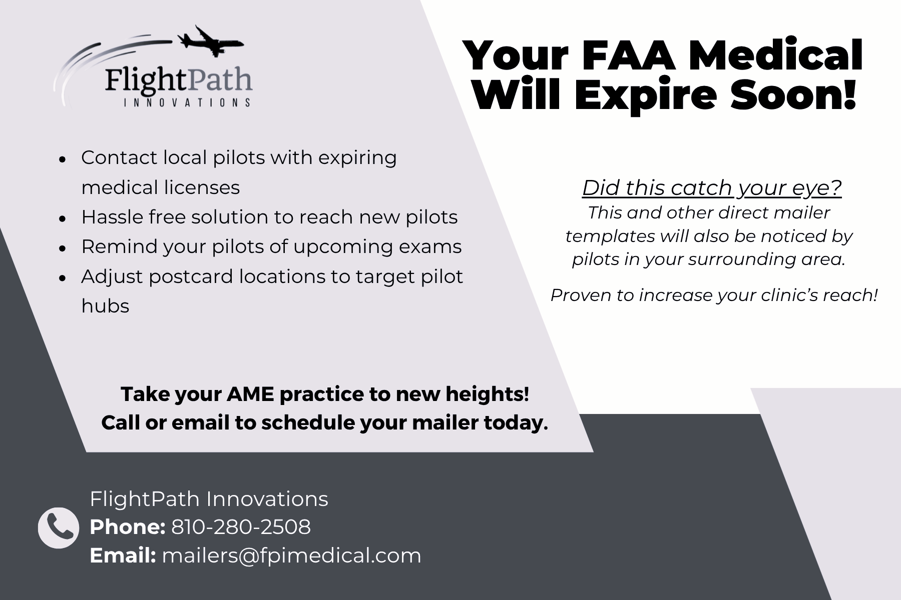 A flyer warns pilots about expiring FAA medicals, offering outreach tips and AME services from FlightPath Innovations, with contact details at the bottom.