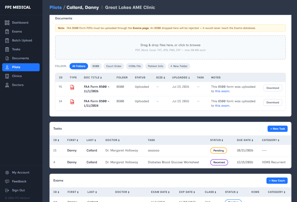 A medical records dashboard shows document upload alerts, a documents list, task statuses including “Received,” and upcoming exam details for a patient named Danny Collard at Great Lakes AME Clinic.