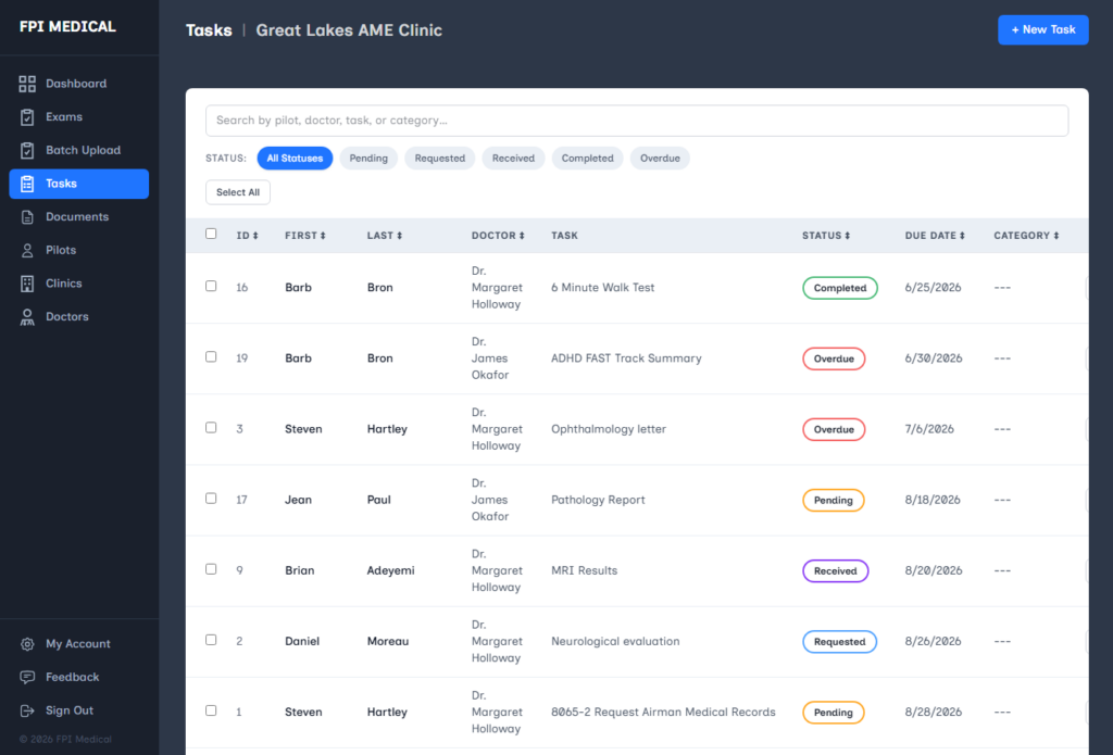 A medical tasks dashboard shows a list of tasks with statuses, doctors, due dates, and categories. Buttons for filtering and adding new tasks are visible on the interface.